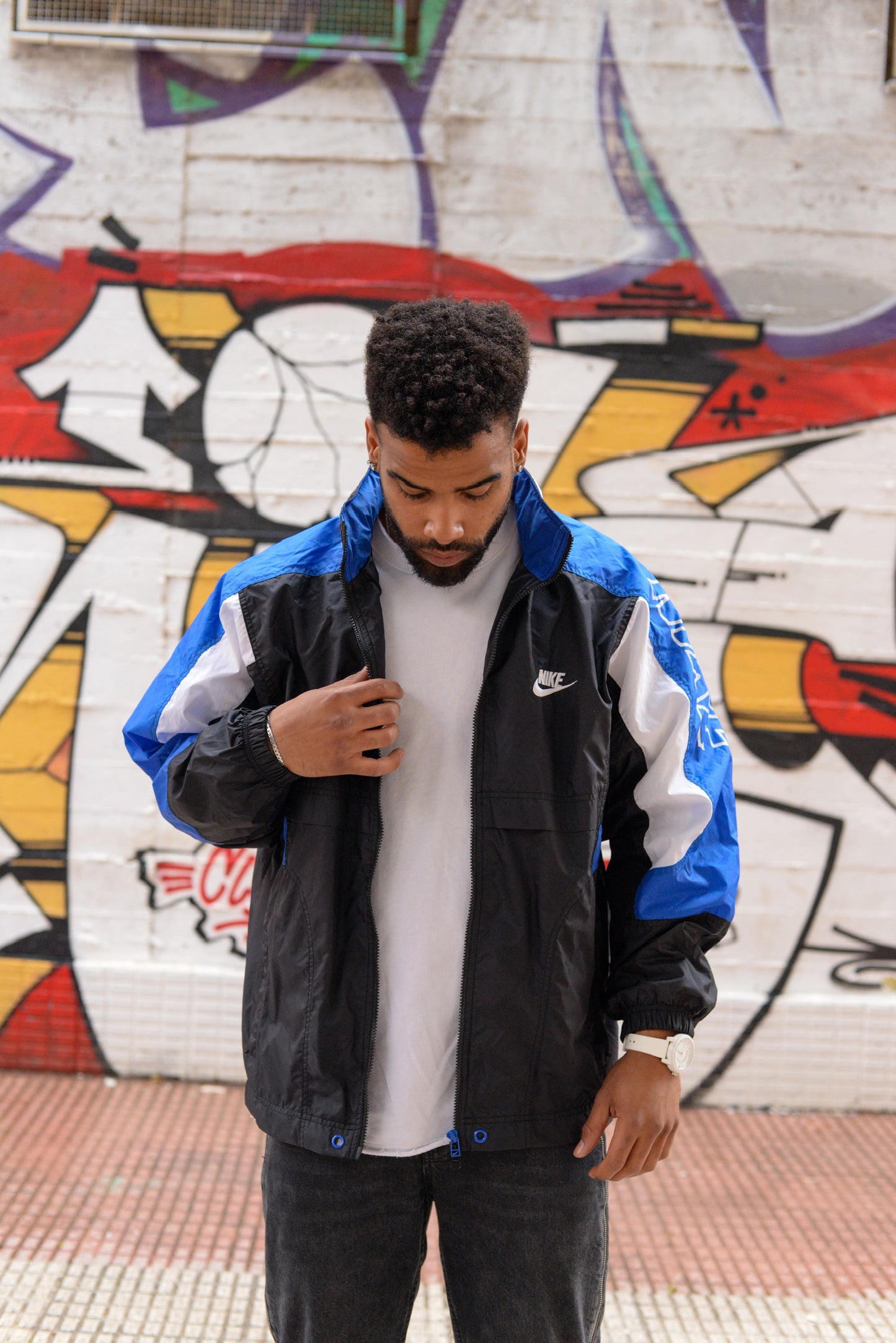 Chaqueta Nike Vintage 90s Premier – Azul, Negro y Blanco