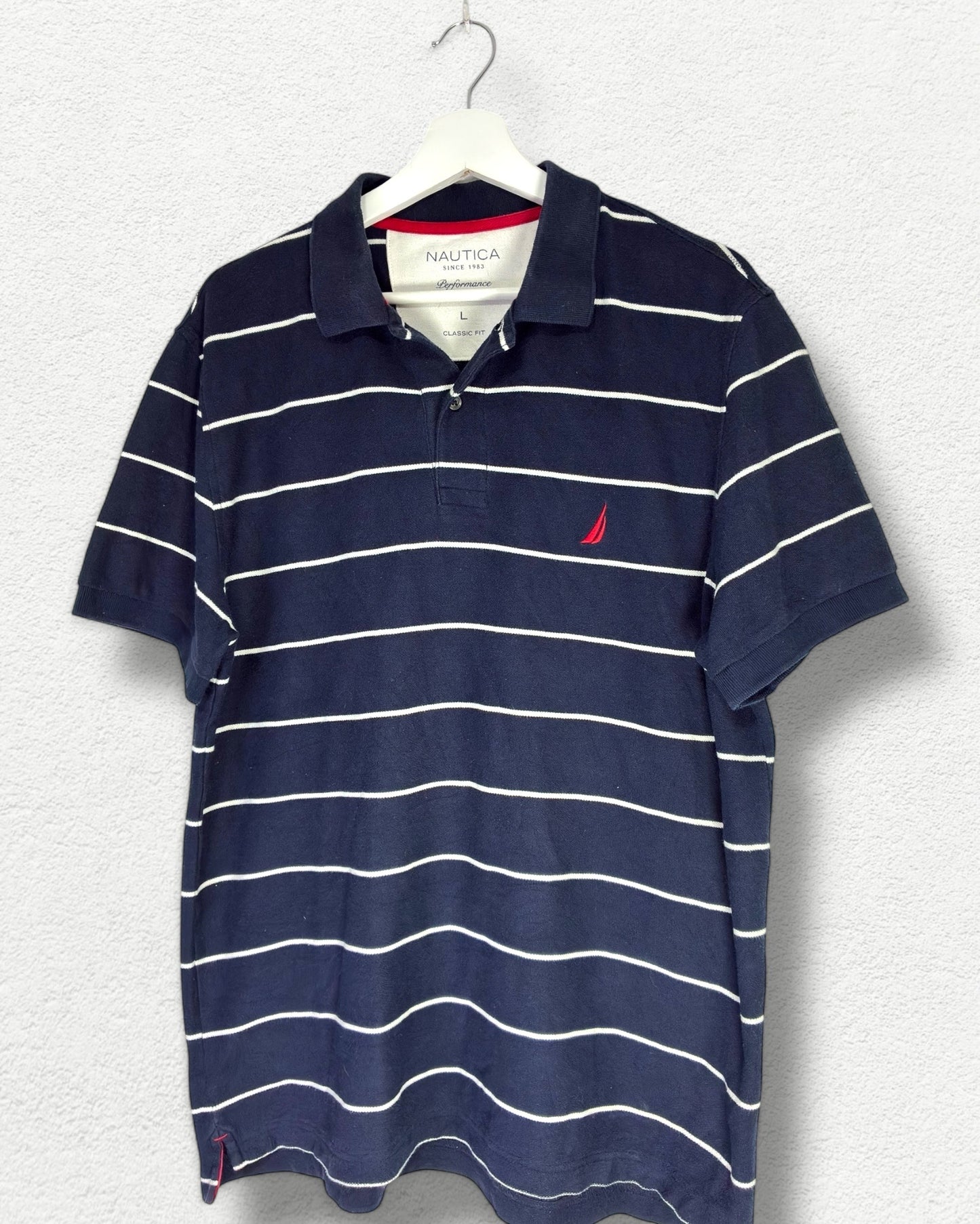 Nautica Polo Shirt - L - Navy Striped Classic Fit