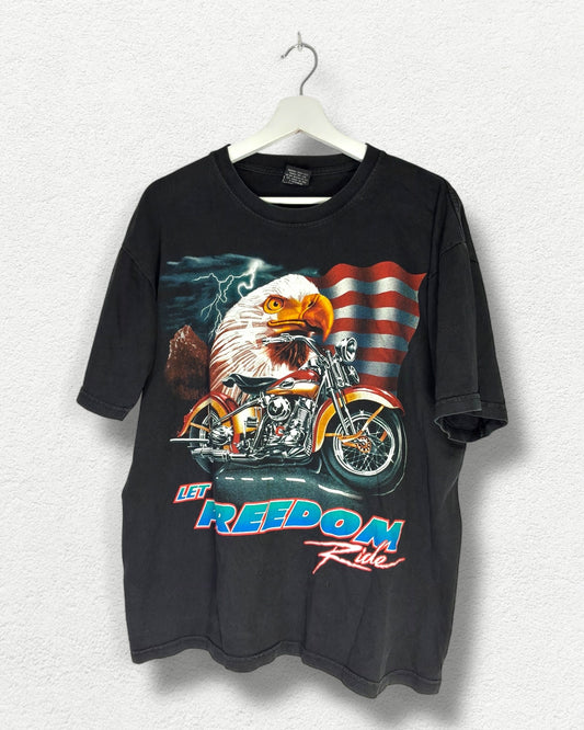 Let Freedom Ride Biker T-Shirt L - Vintage Eagle Motorcycle