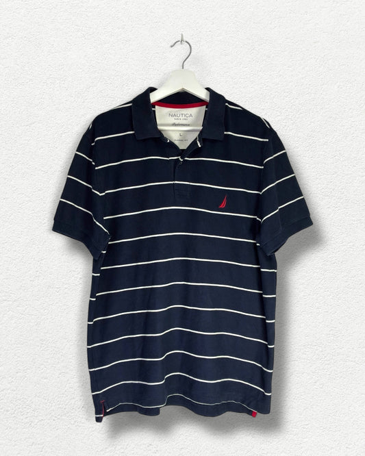 Nautica Polo Shirt - L - Navy Striped Classic Fit