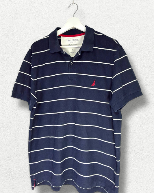 Nautica Polo Shirt - L - Navy Striped Classic Fit